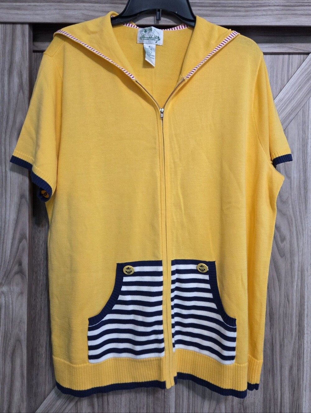 Quacker Factory Yellow Zip-Up Knit Hoodie with Nautical Stripe Pockets